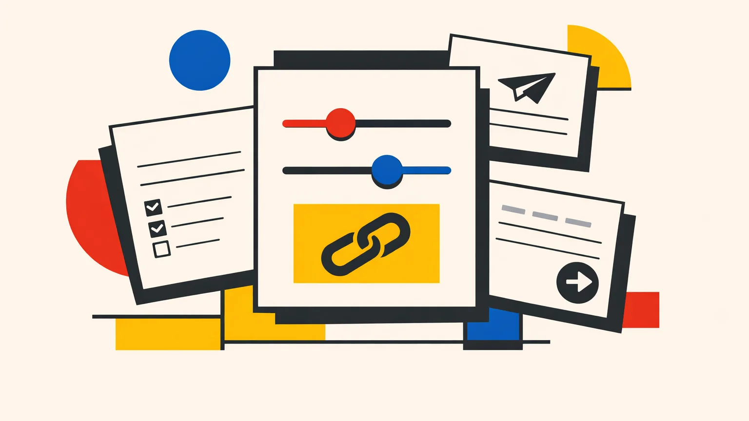 Hero-style flat illustration of layered UI cards and documents featuring slider controls, a link/chain icon, a checklist, a paper plane send icon, and a navigation arrow, using bold primary red, blue, and yellow accents on a light background.