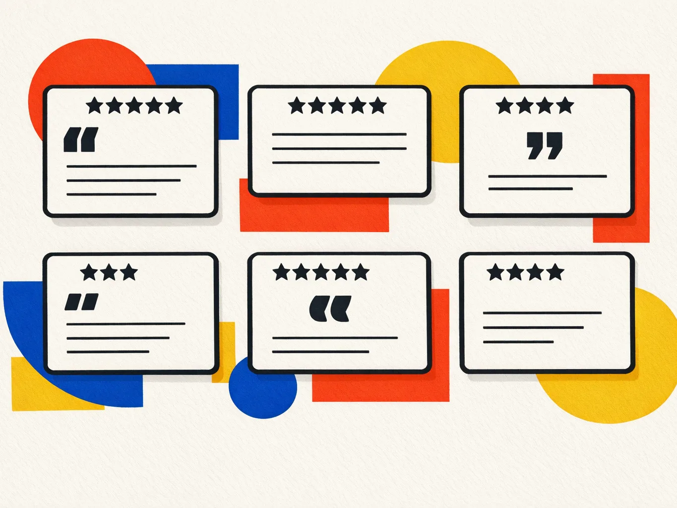 Graphic illustration of six customer review/testimonial cards with star ratings and quote icons, arranged in two rows over abstract red, blue, and yellow geometric shapes on a white background.