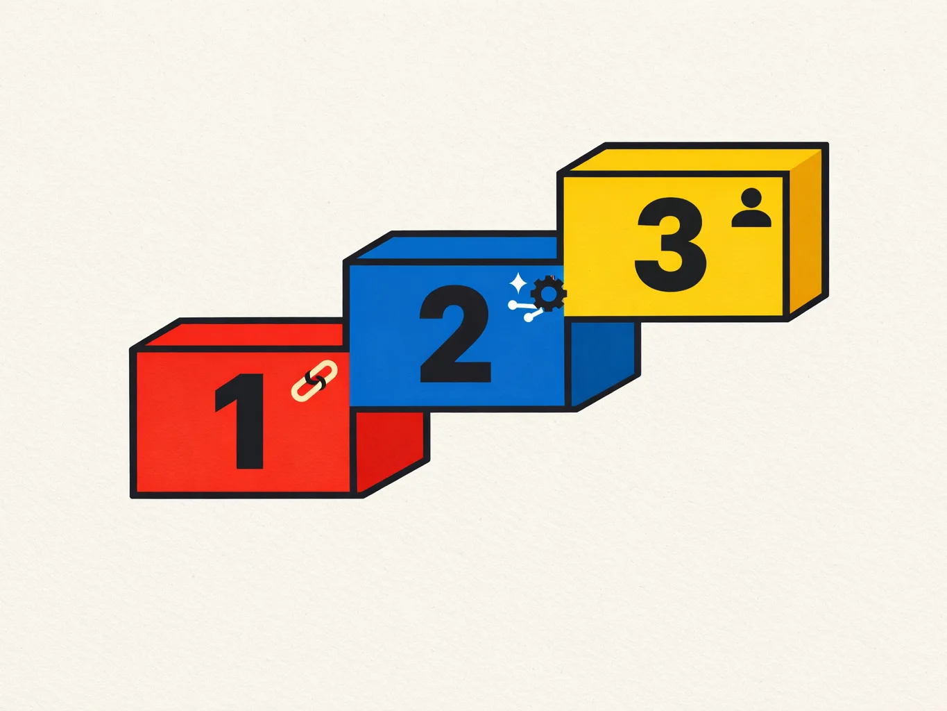 Minimalist infographic showing three ascending 3D blocks labeled 1, 2, and 3 in red, blue, and yellow, with small icons (link, gear/automation, and user) to represent a three-step process or progression on a light textured background.