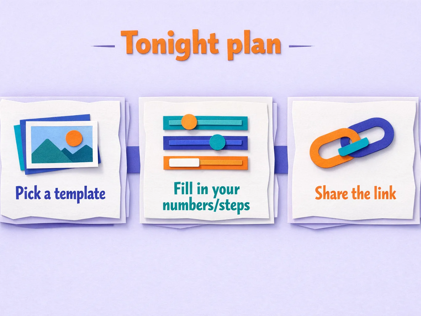 Paper-cut style infographic on a light purple background titled "Tonight plan" showing a three-step process with icons: "Pick a template" (stacked photo cards), "Fill in your numbers/steps" (sliders), and "Share the link" (chain link).